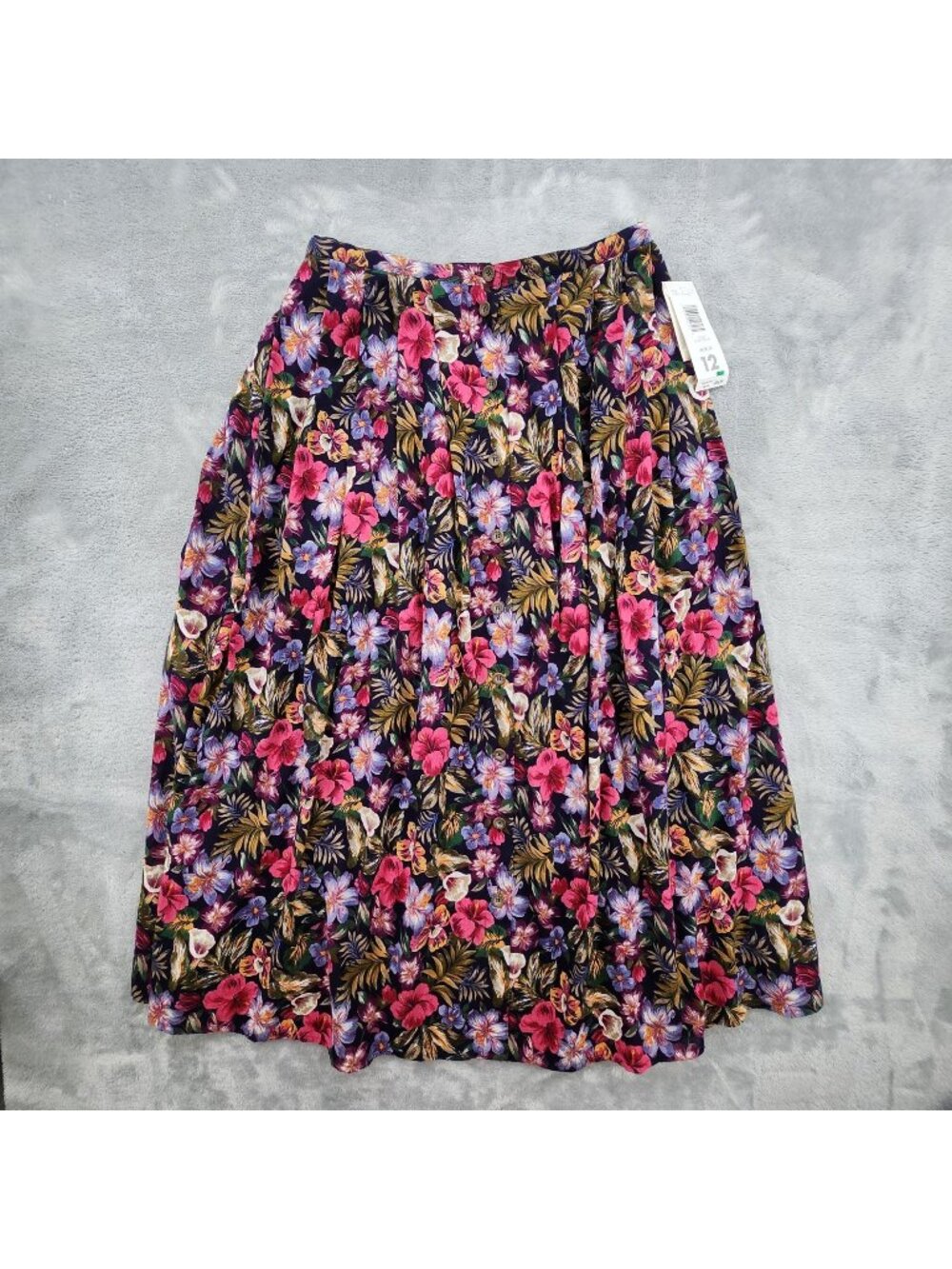 Vintage Hawaiian Dark Floral Midi Skirt 12 Button Front Y2k Cottage Folk Resort